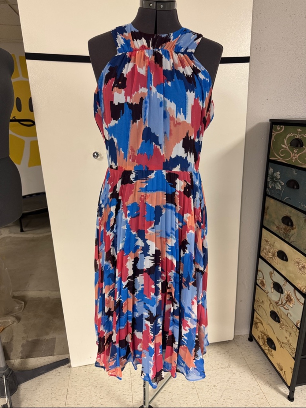 NWT Pleated Chiffon Halter Midi Dress in Blue-Pink-Coral Abstract Print